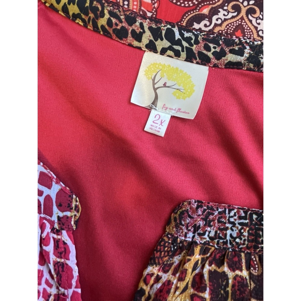 FIG & FLOWER Sz 2X Top Sheer Boho Red Paisley Snakeskin Print Peasant Blouse Tie - Picture 6 of 9